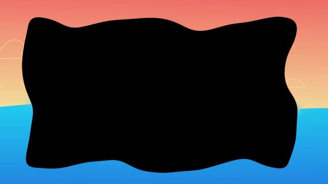 Abstract wavy black frame shape overlays a vibrant gradient sunset and ocean background.