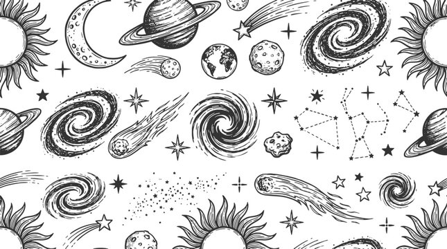 Seamless pattern with hand drawn celestial bodies and space elements black white space travel night sky solar system space objects space art
