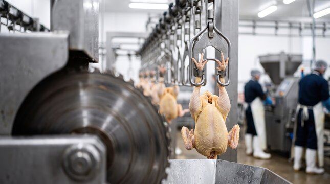 Raw chicken carcasses hanging on conveyor line at poultry processing plant. Workers in uniform and hairnets at meat factory. Food industry automation, poultry production and meat processing concept.