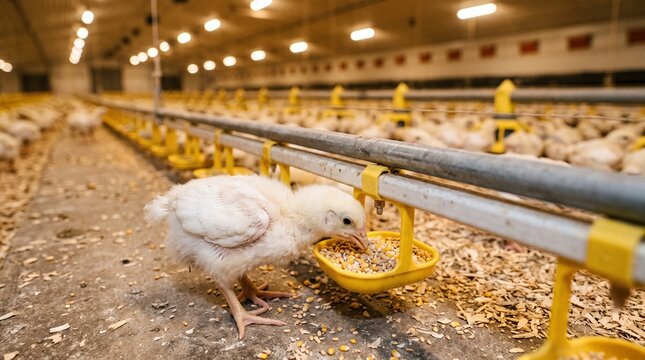 Young white chicken eating grain from yellow feeder at modern poultry farm. Broiler chicks in industrial barn with automated feeding system.