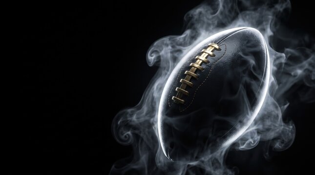 American football ball flying in smoke on dark black background. Dramatic sports equipment closeup with leather texture and