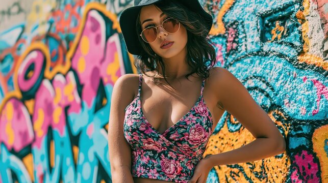 Young woman with hat and sunglasses against vibrant graffiti wall during daytime with soft focus