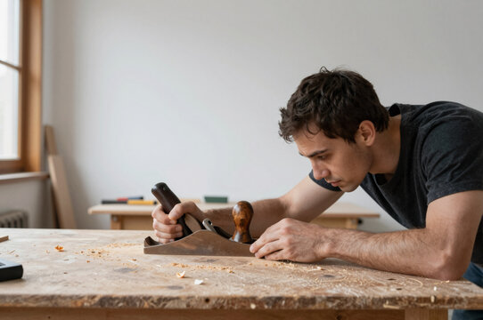 Experienced Hand Passing a Hand Plane to a Younger Hand Over a