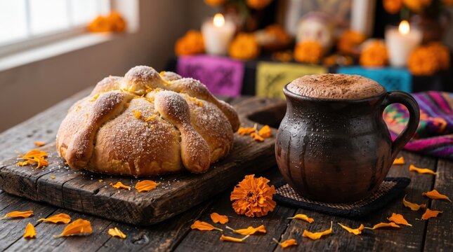 Traditional Mexican Pan de Muerto bread with hot chocolate for Day of the Dead.