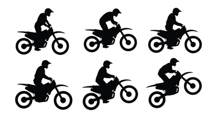Obraz premium Motocross dirt bike rider silhouette set showing different riding postures and off road stunts isolated on white background vector illustration for extreme sports design