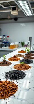 Laboratory countertop covered in various soil samples, microscopes, containers