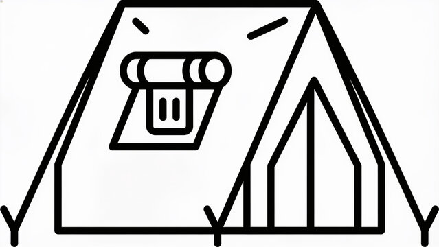 Simple line art icon showing a camping tent with a rolled sleeping bag for outdoor adventure travel and wilderness hiking trips