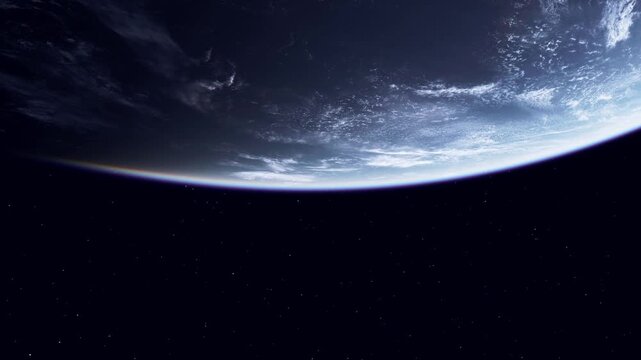 The image shows a view of Earth taken from space. The planet is partially illuminated with visible land and water. The surrounding space is dark and filled with stars.