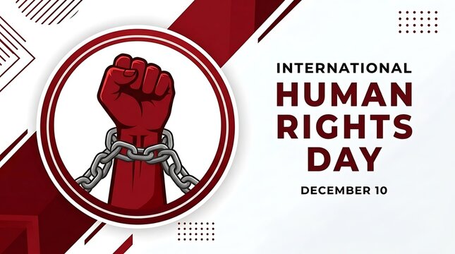 International human rights day banner featuring a raised fist in chains representing freedom equality oppression