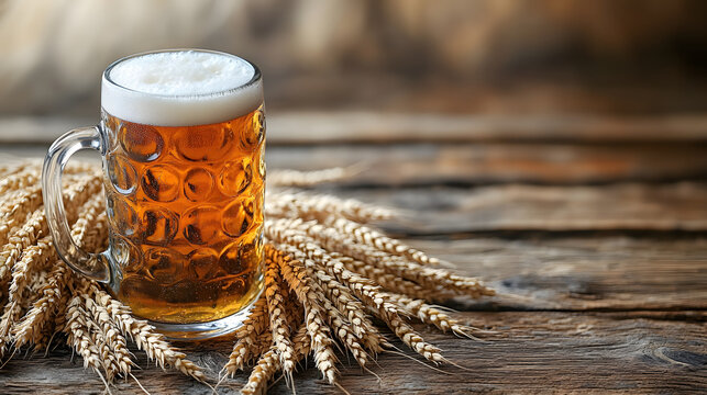 Glass of fresh beer standing next to wheat