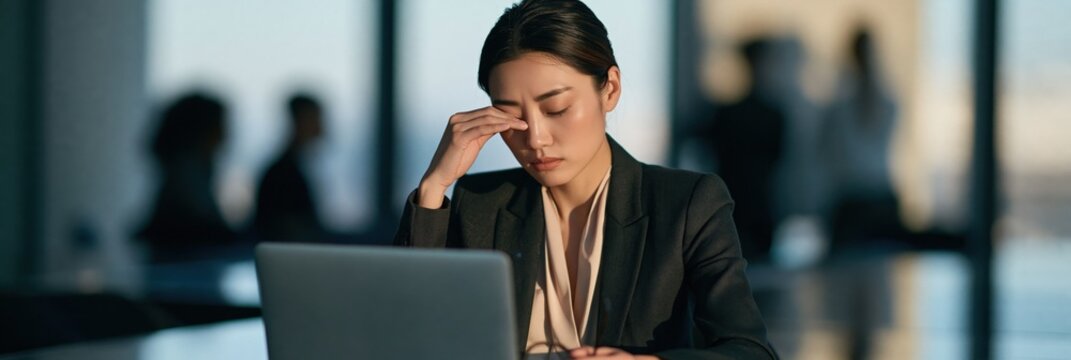 Young female professional rubbing eyes at laptop in open office for employee wellness article banner and corporate stress awareness design