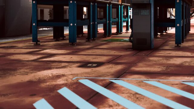 A workshop has a floor covered in markings and lines. There are tables and equipment all around the space. The scene shows a busy work environment during the day.
