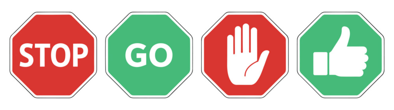 Stop and go road traffic sign set with stop text go text raised palm hand and thumbs up icons isolated on white background vector illustration