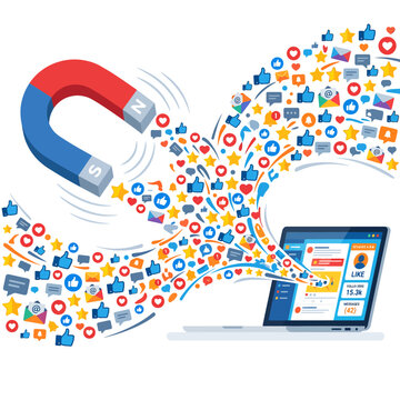 Attracting Social Media Engagement: A large horseshoe magnet pulls a cascade of social media icons, likes, and stars towards a laptop screen displaying a social media feed.