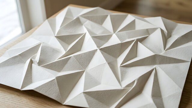 Intricate white paper folded into complex geometric origami pattern on wooden surface