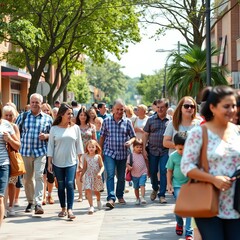 Fototapeta premium Crowded outdoor scene with parents and kids walking together, creating a sense of community, ||outdoor gathering, urban park