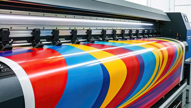Industrial large format digital printer machine outputting vibrant colored vinyl roll with abstract rainbow wave pattern for commercial marketing display banners.