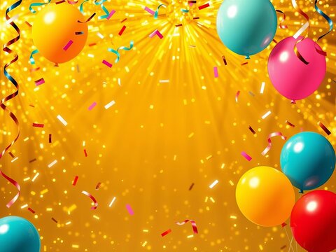 "Golden starburst with confetti and balloons", triumphant, joyful