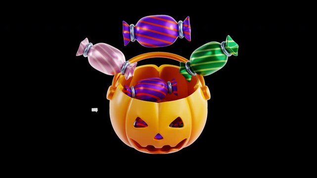 3D Halloween pumpkin bucket filled with candies popping sweets with Trick or Treat message in seamless loop, smooth 3D motion graphic animation on transparent background, ideal for halloween event.