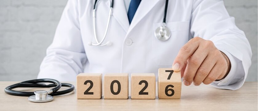 Medical professional in white lab coat with stethoscope on wooden table arranges wooden blocks spelling 2026 to 2027, symbolizing future healthcare planning.