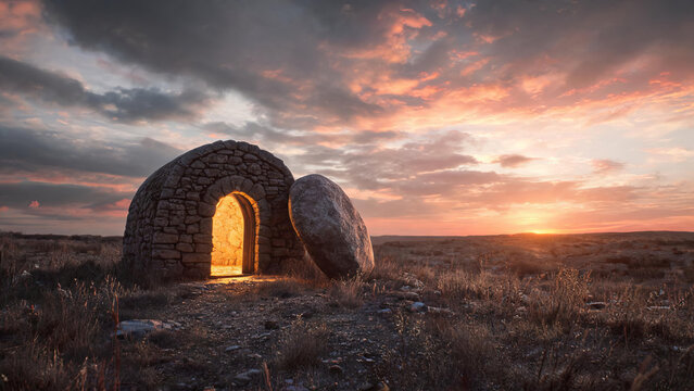 An ancient stone tomb with a rolled boulder sits on a dry plain, glowing warmly at sunset under a dramatic sky.