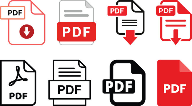 PDF file format icons set. PDF file download symbols. Format for texts, images, vector images, videos, interactive forms - stock vector.PDF file format icons set. PDF file download symbols.