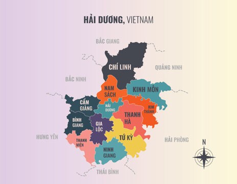Hi Dng Vietnam Tinh into Huyen in a minimalist colorful style map showing