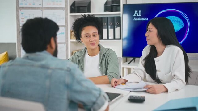 Business team discussing strategy during a meeting with AI assistant technology.