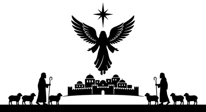 Angel Appearing to Shepherds, Christmas Angel Announcing Jesus Birth to Shepherds with Sheep, Luke 2 Nativity Vector Silhouette