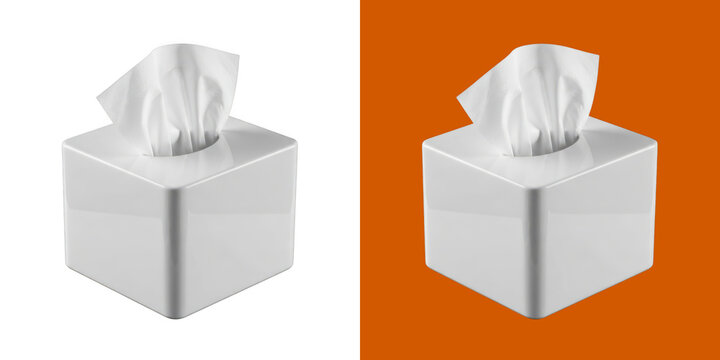 Square tissue box with paper napkin pull, split view on white and orange background transparent png