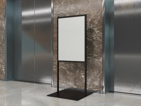 Blank poster stand mockup in modern elevator lobby interior