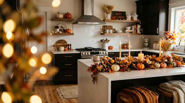 Cozy autumn kitchen decorated with seasonal pumpkins and fall decor