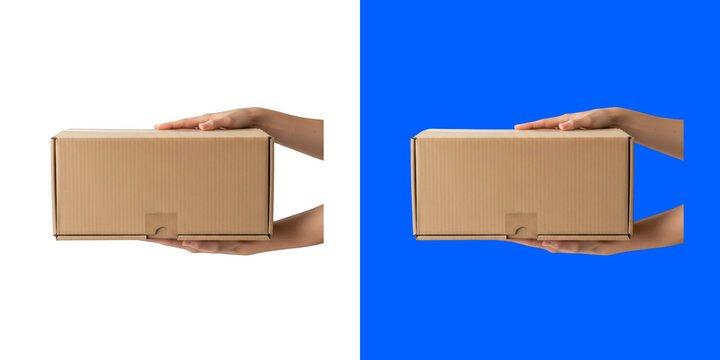 Hands holding brown cardboard delivery box for shipping logistics and parcel service transparent png