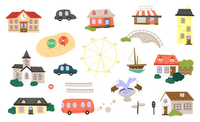 Naklejka premium City map elements. School and vehicle, building and fountain, church and house, bridge and ferris wheel. Friendly educational assets for children. Vector classroom material or workbook