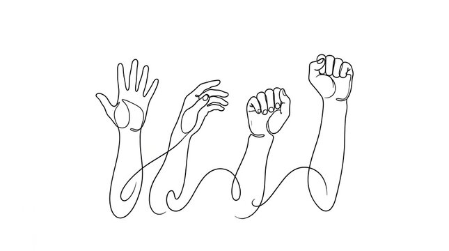 Abstract continuous line drawing of human hands raised in solidarity and unity with solidarity continuous abstract
