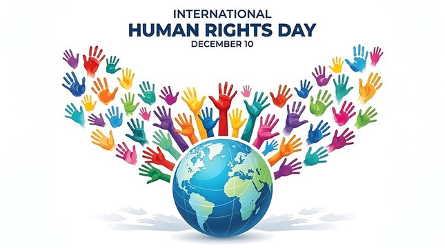 International human rights day concept with a colorful world globe surrounded by many painted handprints