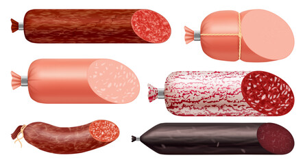 Cut in half smoked and boiled sausages selection. Premium quality of meat products. Vector cross sections for butcher branding and packaging, restaurant menus and culinary advertising © Sensvector