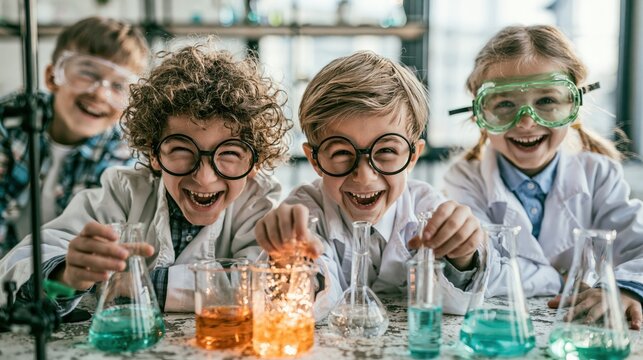 Joyful children in lab coats and goggles experimenting with colorful liquids in beakers during a science lesson