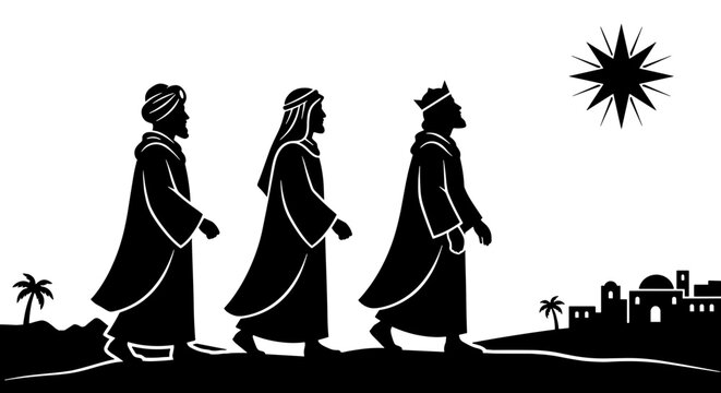 Three Wise Men Walking to Bethlehem, Three Kings Following Star of Bethlehem, Matthew 2 Epiphany Nativity Story Biblical Vector Silhouette