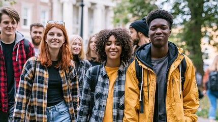 Fototapeta premium Diverse young adults walk together outdoors with smiling faces during daytime creating a sense of community and belonging