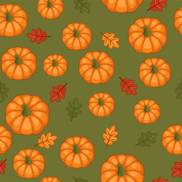 Seamless Autumn Pumpkin Pattern Vector on Olive Green Background