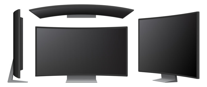 TV screen. Side, top and profile views. Monitor display in realistic 3D style. Vector modern digital device. Screen with slim frame and support stand. Application preview and technology visualization