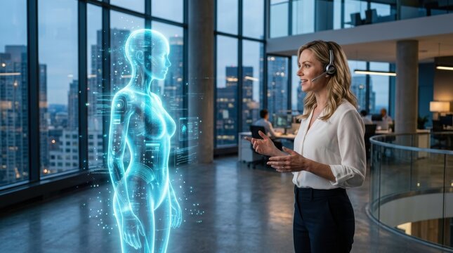 Business woman communicating with a blue digital hologram in a modern city office