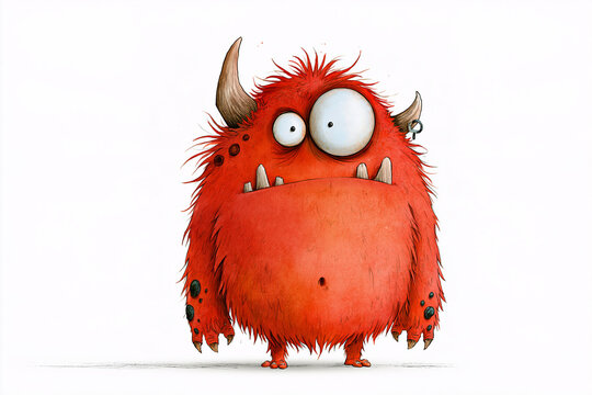 Halloween Monster Illustration featuring red furry horned creature with oversized eyes teeth and funny spooky expression