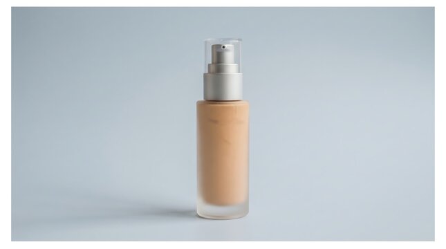 Single glass bottle of liquid foundation makeup with a pump dispenser isolated on a light background