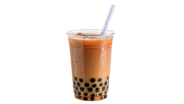 Refreshing sweet bubble milk tea beverage with black tapioca pearls in plastic cup