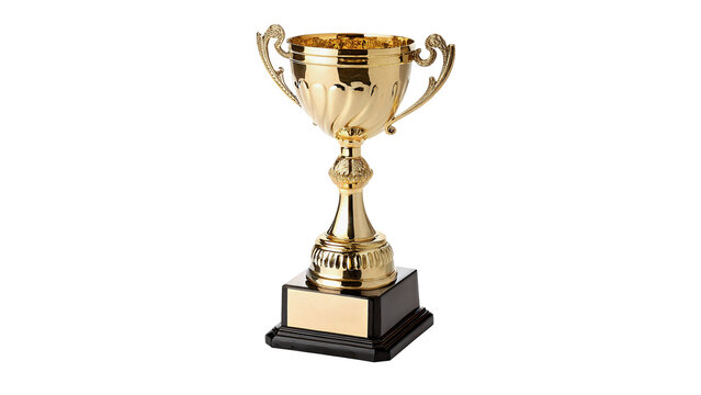 Elegant golden champion trophy cup prize on dark base isolated glory reward