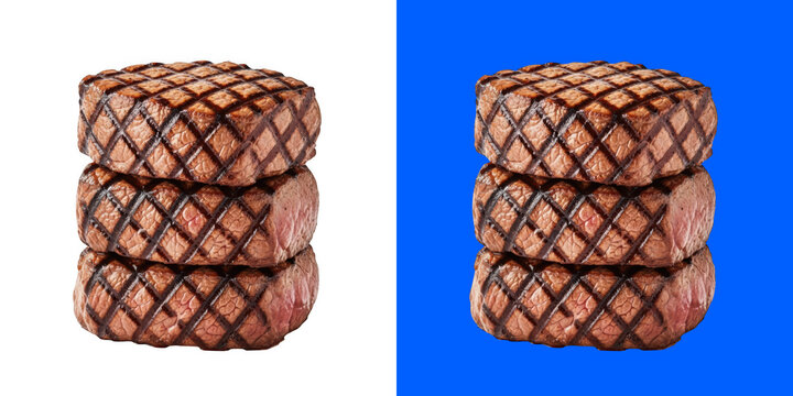 Three stacked grilled beef steak fillets with char marks transparent png