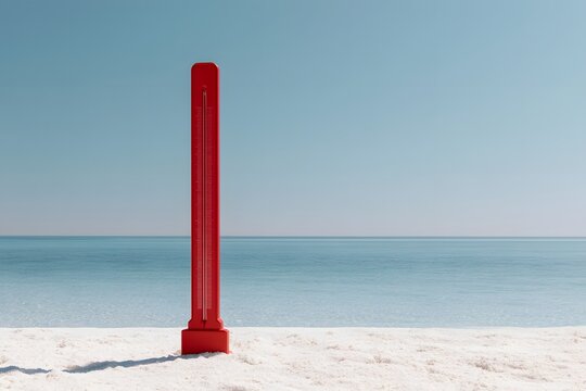 Rotes Thermometer am Meer als Symbol f&uuml;r extreme Ozeanerw&auml;rmung und El Ni&ntilde;o