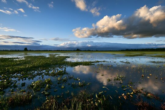 &Uuml;berflutete Landschaft nach Starkregen als Folge extremer Wetterereignisse